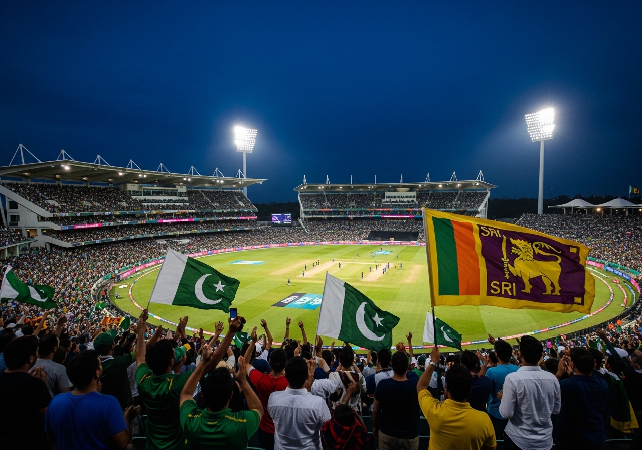 Pakistan vs Sri Lanka T20 World Cup match, players in green and blue jerseys facing each other in packed stadium under bright floodlights